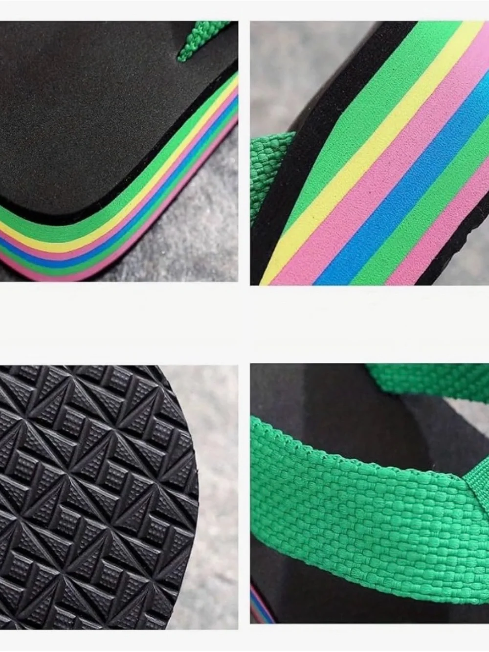 🩷. 9092. Black Platform Flip Flops with Rainbow Striped Sole